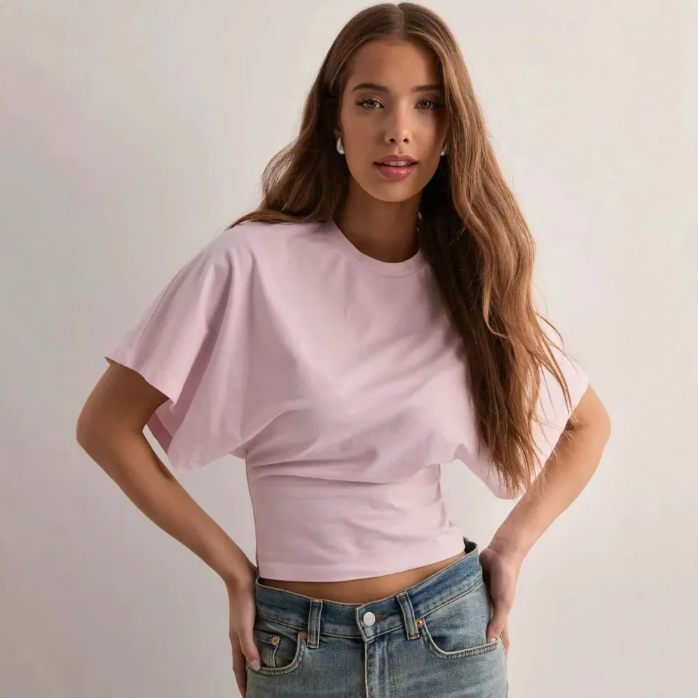 2025 Korean O-neck Short Sleeved Blouse Summer New Solid Color Loose Top Casual Waist Shirt Y2K Street Fashion Women's Top
