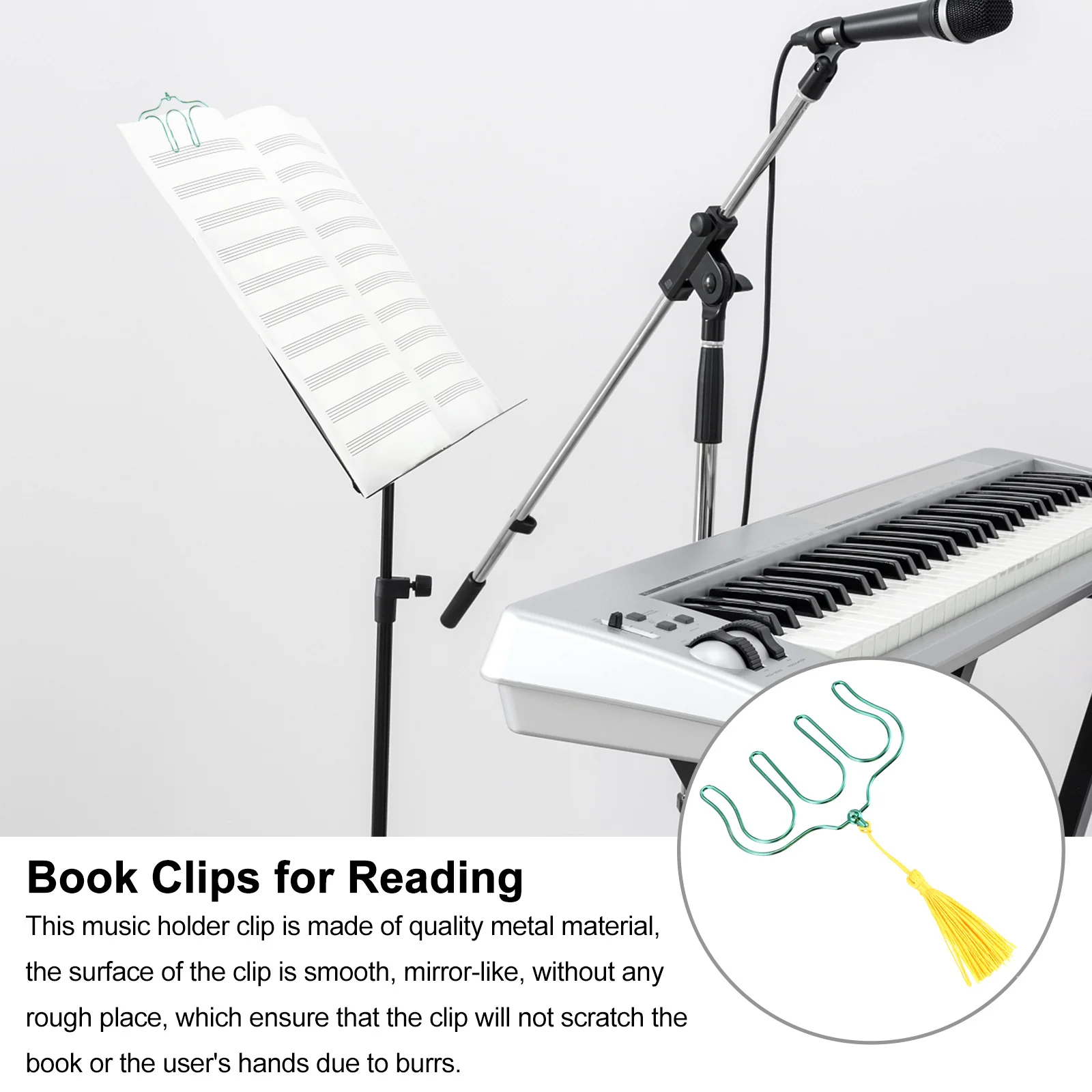 

2Pcs Iron Music Book Clip with Tassel Durable Sheet Music Page Holder Strong Clamp for Notes Recipes Cookbooks