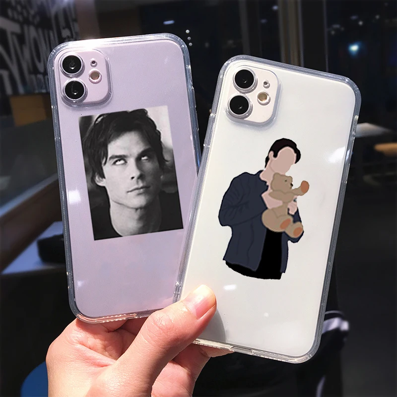 The Vampire Diaries Damon Transparent Phone Case For iPhone 11 12 14Pro XS MAX XR X 13 7 15 Plus Fashion Soft Silicone Cover Bag