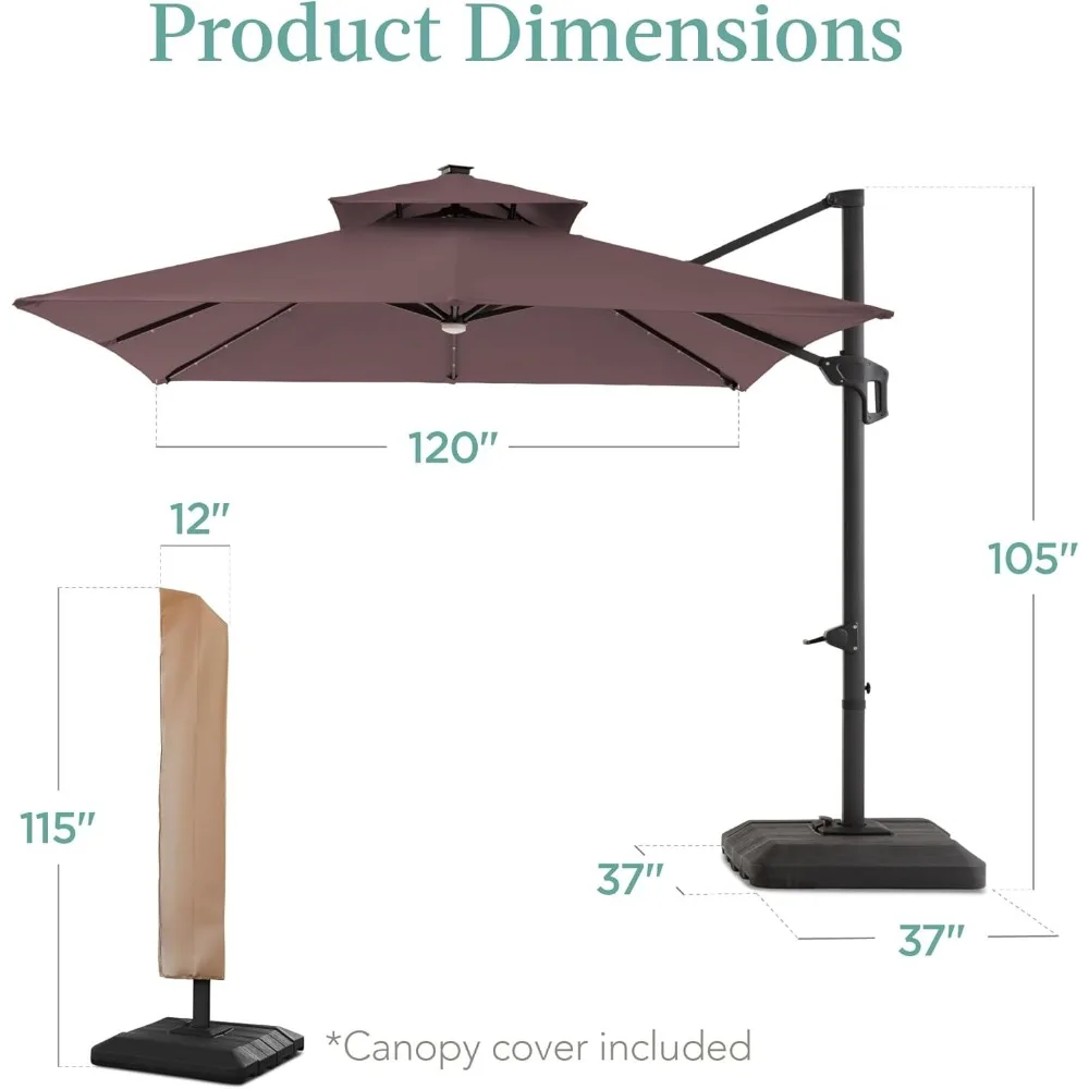 2-Tier Square Cantilever Patio Umbrella with Solar LED Lights, Offset Hanging Outdoor Sun Shade for Backyard , 360 Rotation