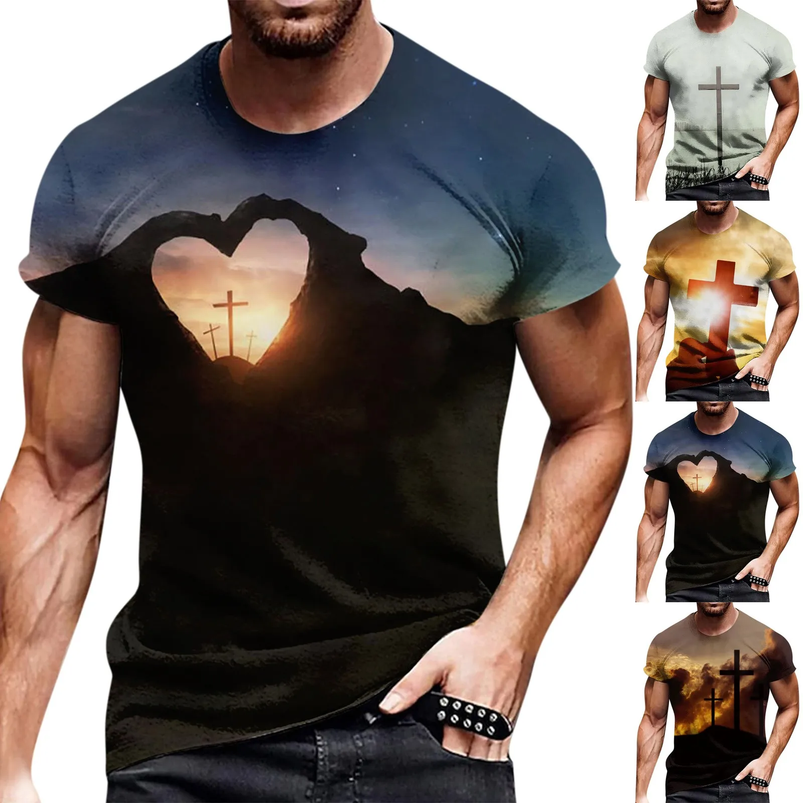 European And American Cross Print Short Sleeve Round Neck T-Shirt Top Ropa Para Caballero VêTements Homme мужская одежда