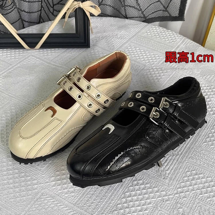 

Brogue Ballet Sports Casual Training Leather Sneakers Shallow Bottom Belt Buckle Mary Jane Flats Functional Style Women's Shoes
