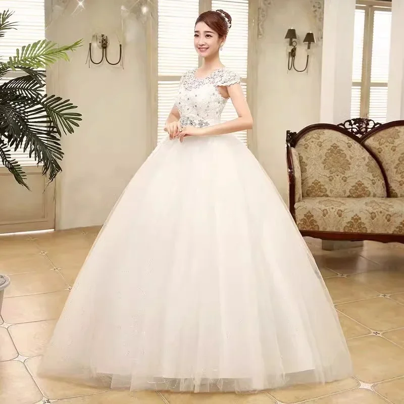 Wedding Dresses Cheap White Lace Crytal Bling O-neck Short Sleeve Princess Floor-length Plus size Sequins Bride Ball Gowns XN068