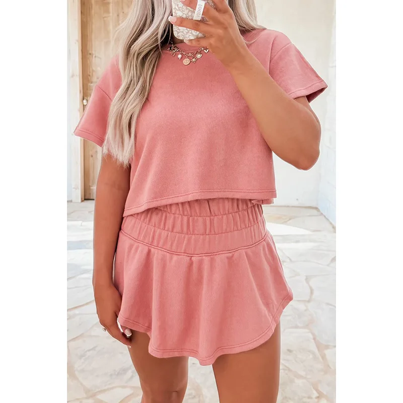 

2025 Summer Solid Loose Casual Concise 2 Piece Set Women O Neck Short Sleeve Versatile T Shirt Patchwork Pleat Skirt Streetwear