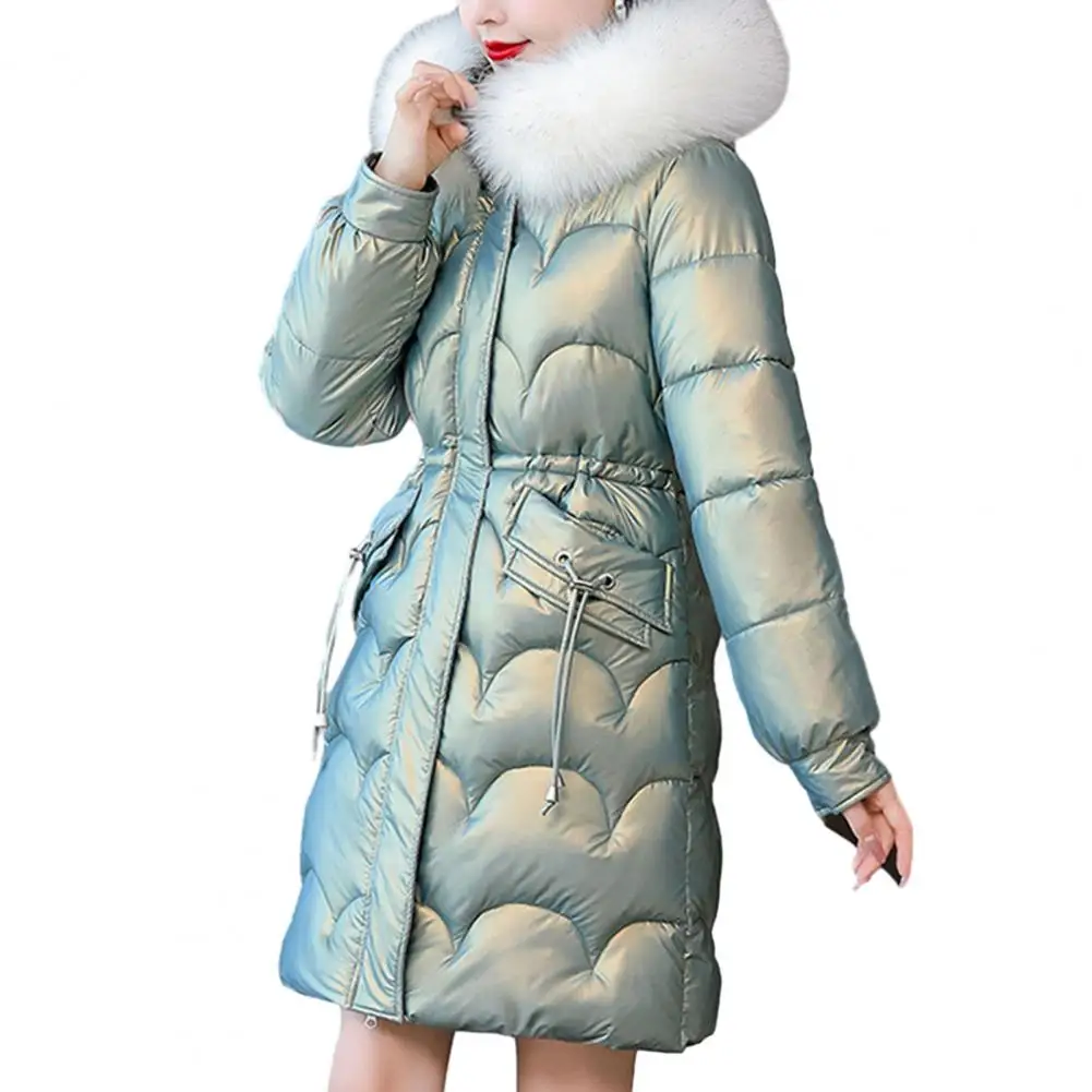 Winter Women Down Coat Thickened Cotton Padded Faux Fur Hood Heat Retention Windproof Hooded Zipper long Down Coat