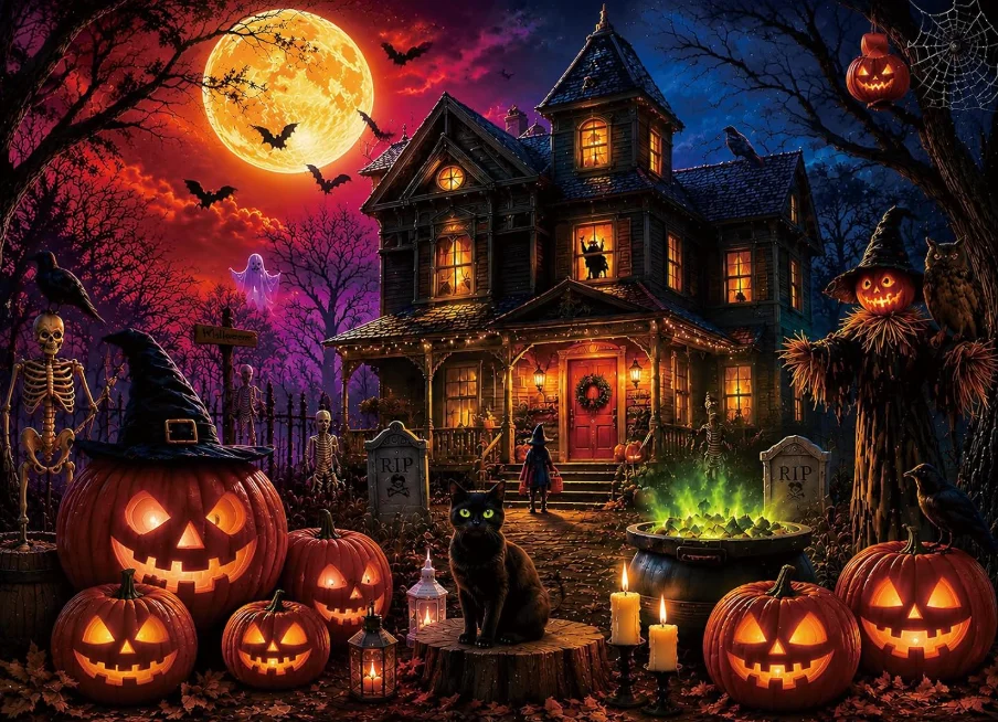 Jigsaw Puzzle 500/1000/1200/2000PCS Halloween Night Haunted House Pumpkins Ghost Skeleton Full Moon Family Leisure Game Dec Gift