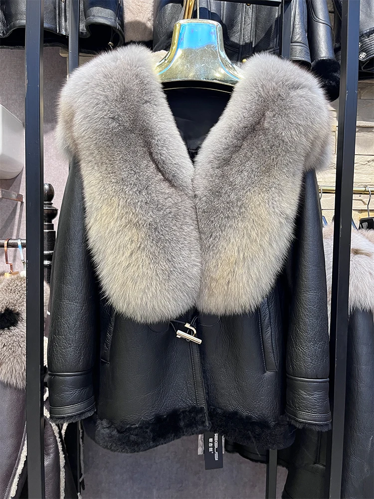 2023 Winter Women Natural Merino Sheep Fur Coat Real Genuine Leather Jacket Real Fox Fur Collar Thick Warm Luxury Female Coats