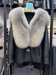 2023 inverno donna cappotto di pelliccia di pecora Merino naturale giacca in vera pelle vera pelliccia di volpe collo spesso caldo cappotti femminili di lusso