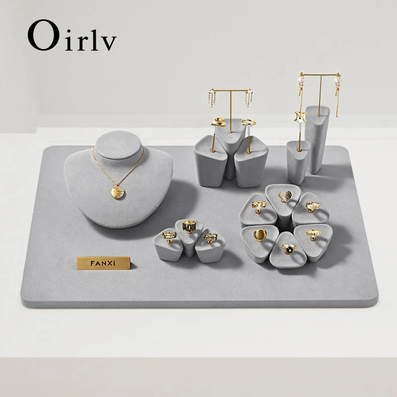 Oirlv Gray Jewelry Display Set Necklace Bust Ring Earring Holder Stand Jewelry Organizer Showcase Tray for Store Counter
