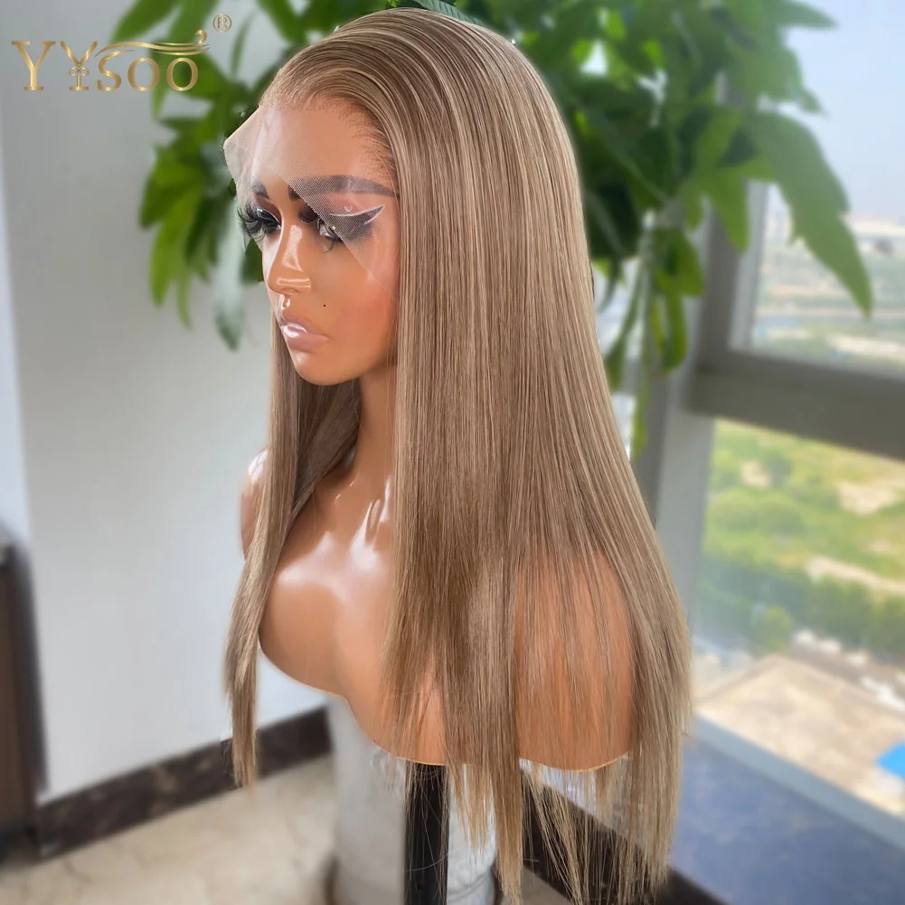 YYsoo Long 103/103-10-30 Silky Straight Highlights Hair 13x4 Futura parrucche anteriori in pizzo sintetico per le donne Glueless Highlights parrucca