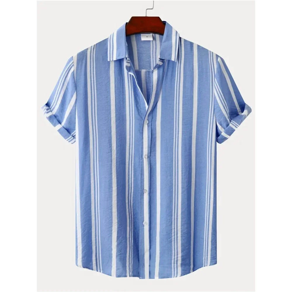 Camisa de manga corta con estampado a rayas para hombre, camisa informal a la moda, versátil, para vacaciones de verano, novedad de 2024