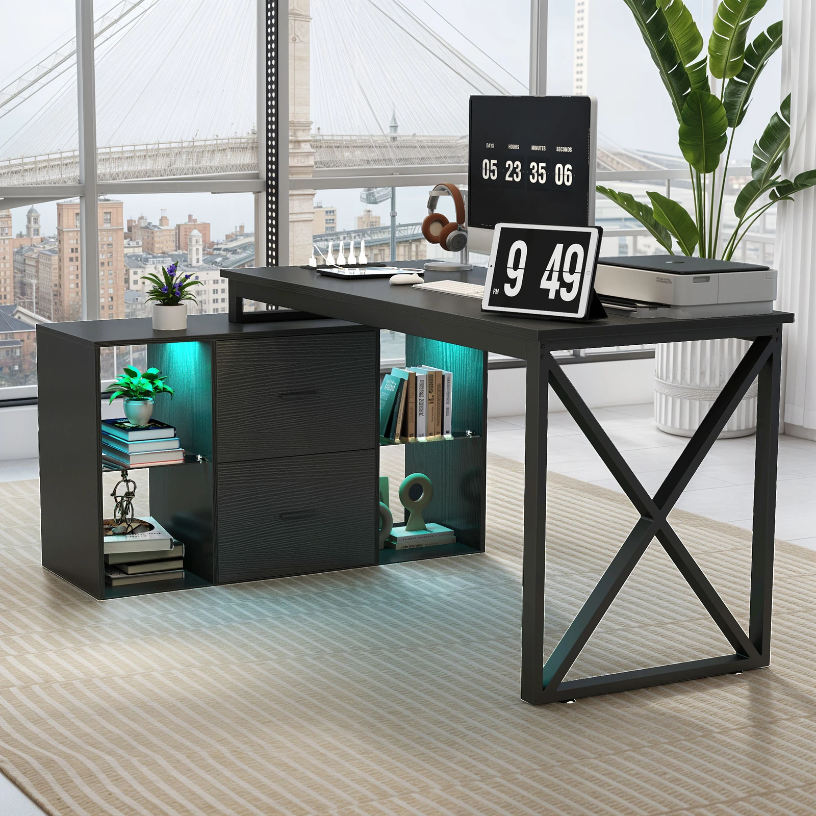 

55" L Shaped Office Computer Desk Drawer Glass Shelves LED Light w/ Power Outlet