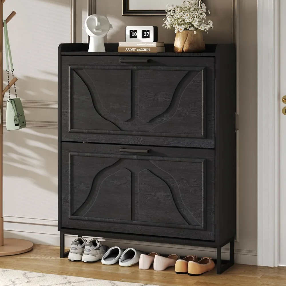 

Shoe Cabinet with 2 Flip Drawers, Shoe Storage Cabinet for Entryway, Hidden Shoe Storage with Metal Legs, Slim Storage C