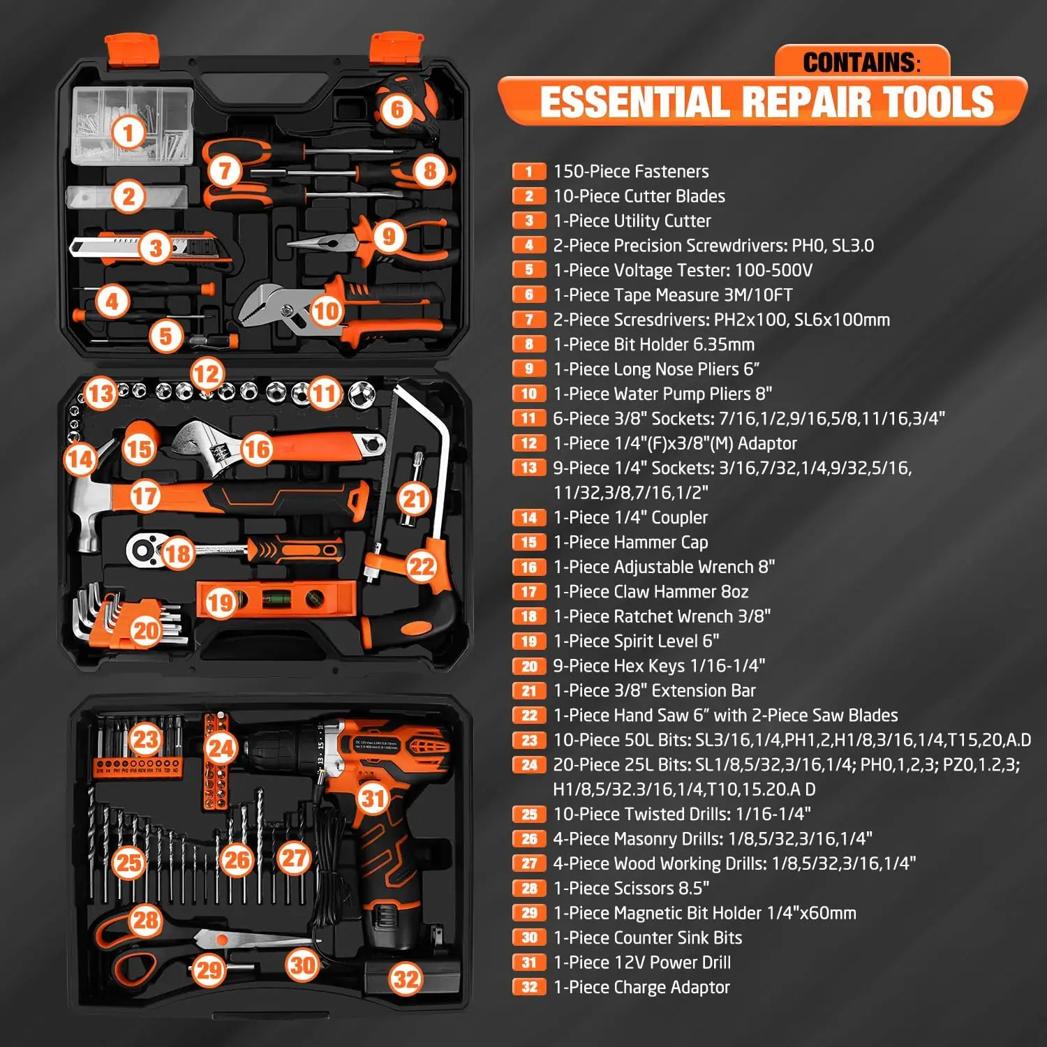 255-Piece Tool Set - Tool Kit with 12V Cordless Drill Driver, Toolbox Storage Case with Drawer, General Household Drill Set for