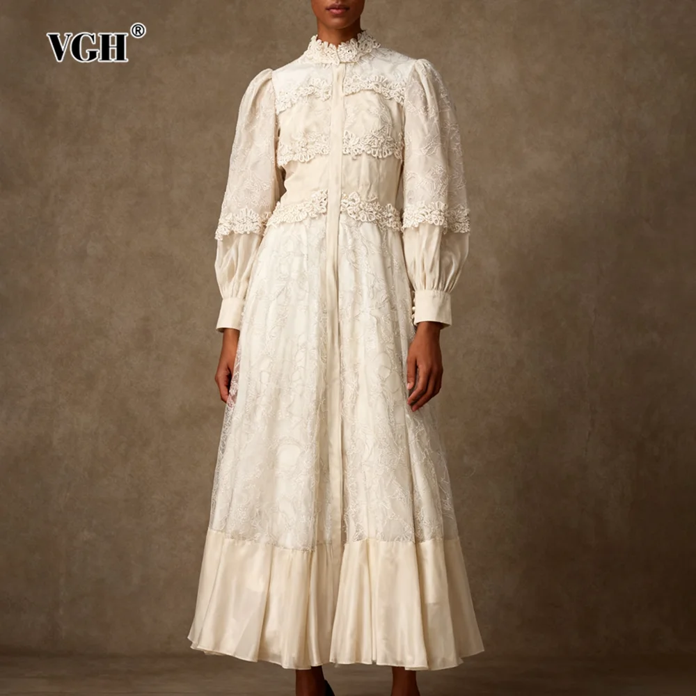 VGH فستان الأميرة خمر مزاجه للنساء الوقوف طوق فانوس كم عالية الخصر تقسم بقماش شفاف فساتين الدانتيل الإناث #1