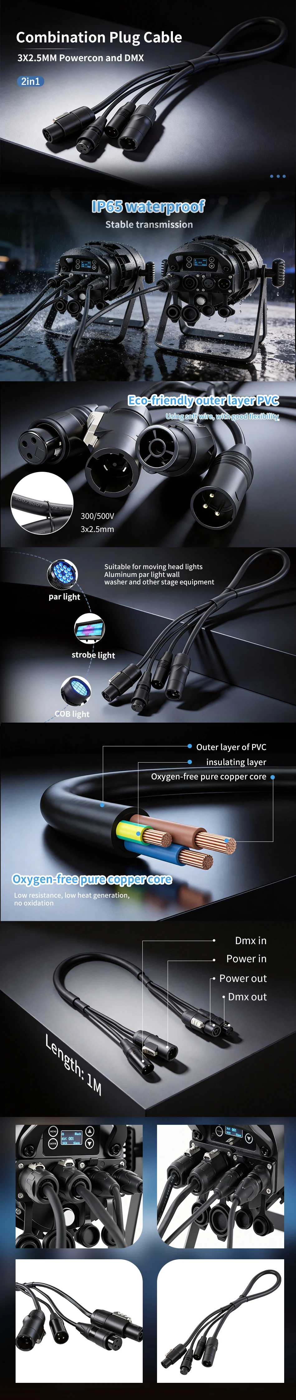 Outdoor 3-Pin DMX Truecon Combo-Kabel 1m 2m 3m IP65 XLR True1 Kombi-Audio-Beleuchtungskabel für DJ-Lautsprecher Moving Head – Detail 1