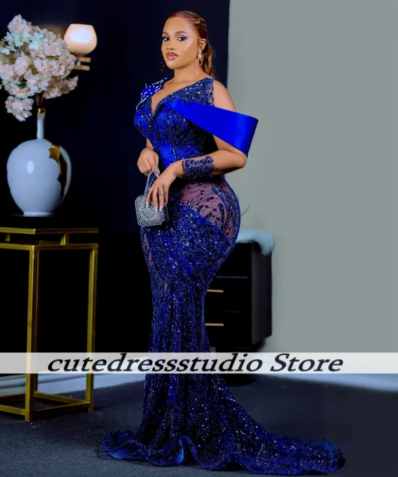 Luxo lantejoulas frisado fora do ombro vestidos de noite para mulheres africanas longo sereia vestido de festa de casamento vestidos de baile personalizados