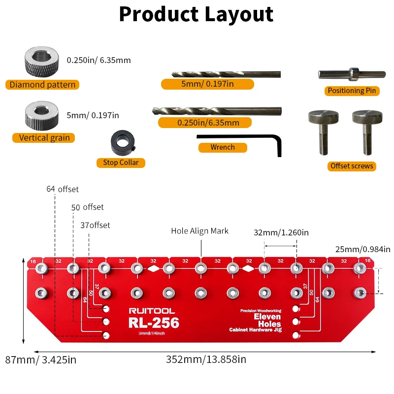 Set di maschere perni per scaffali Guida per trapano perni per scaffali a 11 fori in lega di alluminio per strumenti di installazione per scaffali dell'armadio con custodia