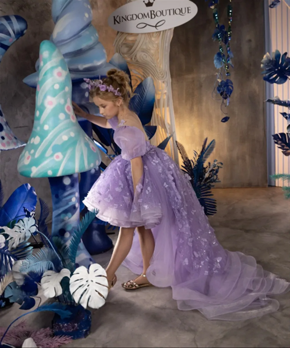 

Elegant Flower Girl Dress for Wedding Butterfly Appliques Puff Sleeve High-Low Dress Kids Birthday Party Holy Communion Gown