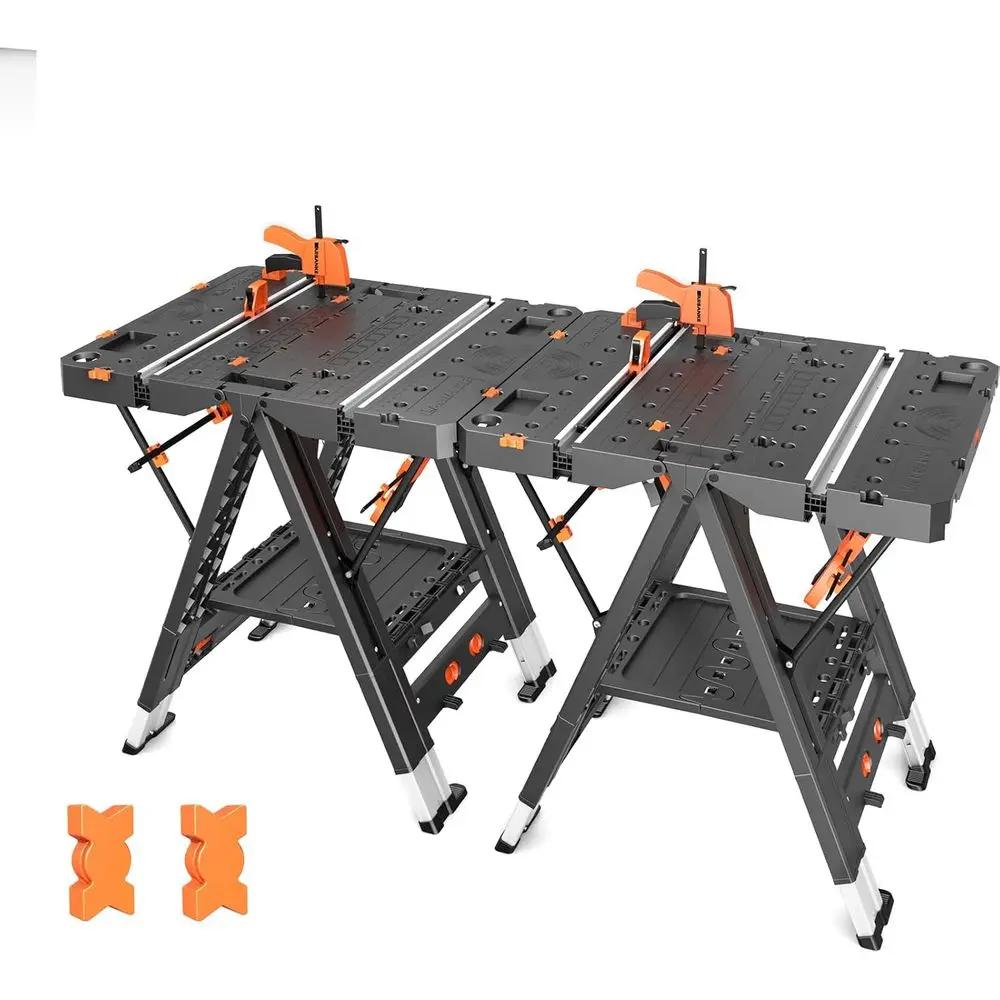 Mesa de trabajo plegable portátil combinada, banco de trabajo y caballito de sierra 2 en 1, banco de trabajo impermeable con capacidad de carga adicional con 8 carpintero