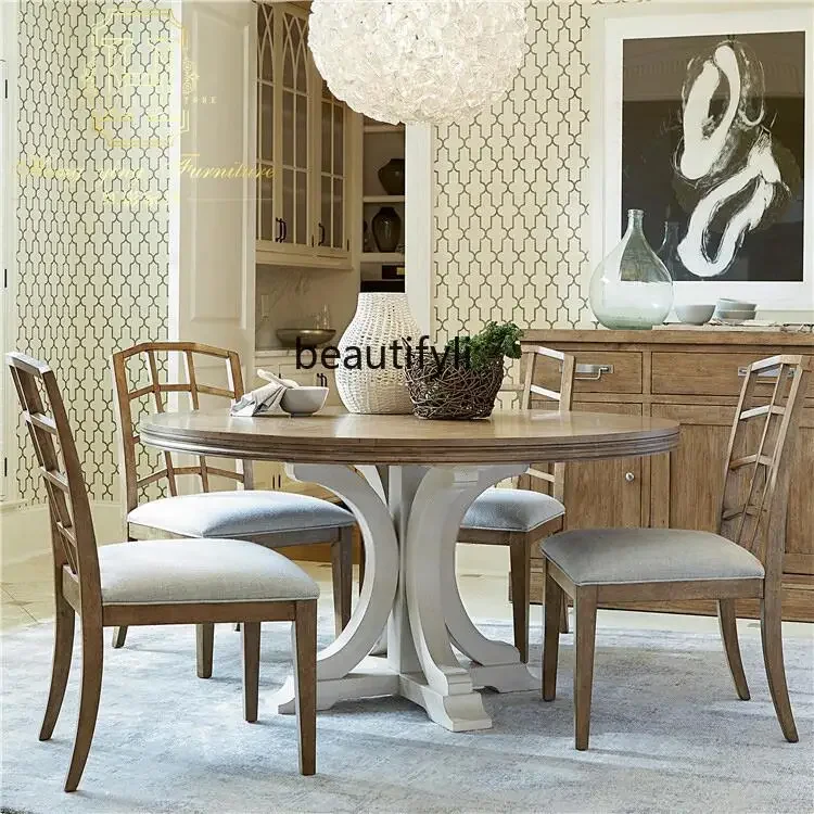 SSAmerican country solid wood dining table and chair combination European style Mediterranean round table small apartmentNew Lig