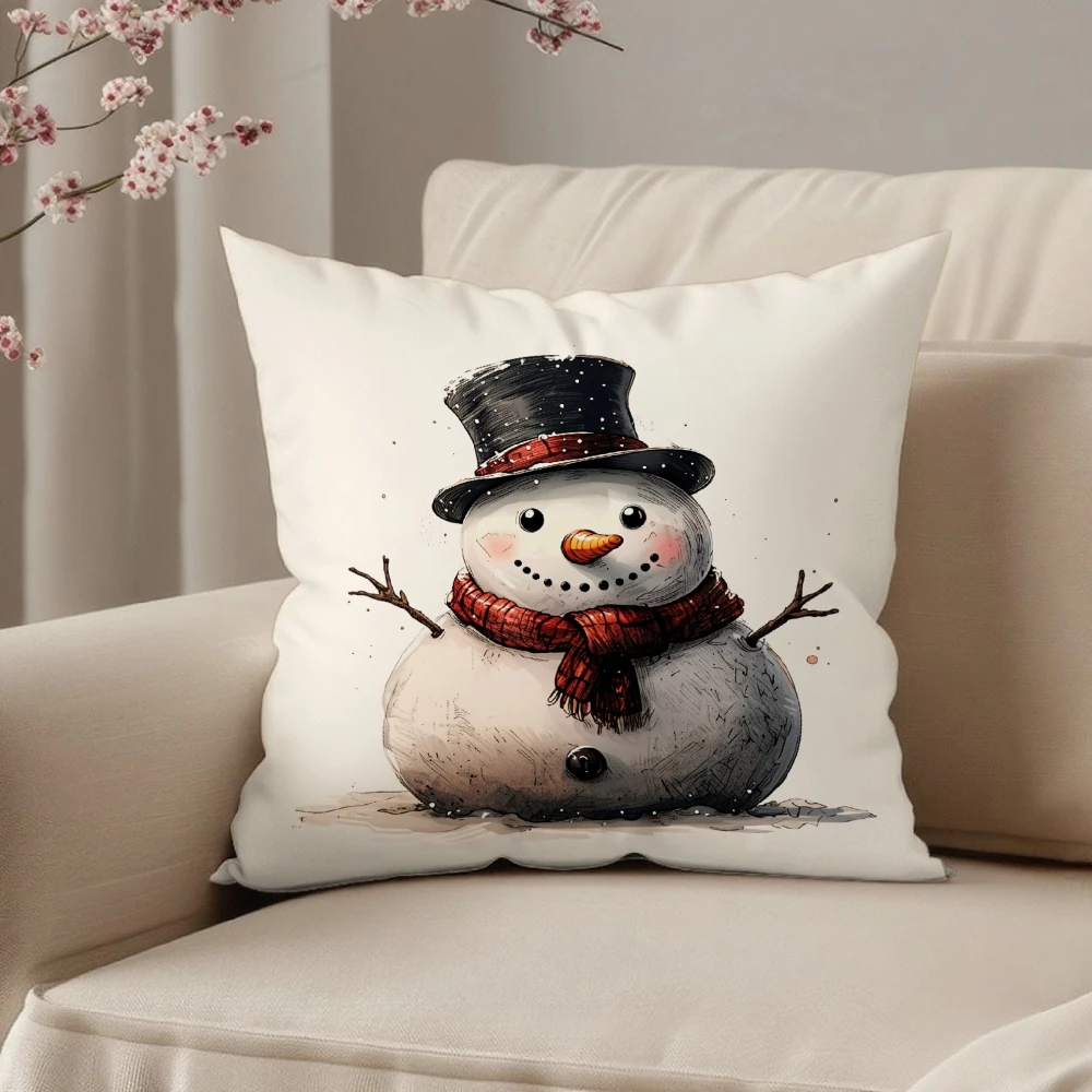 Square Throw Pillow Case Cream White Cute Snowman With Top Hat And Red Scarf Winter Christmas Decor For Living Room Sofa Chair