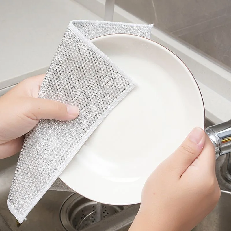 10-Pack Magic Silver-Wire Dishcloths – Thickened Microfiber with Built-in Sponge & Steel Wire, Anti-Grease Kitchen Scrub Towels