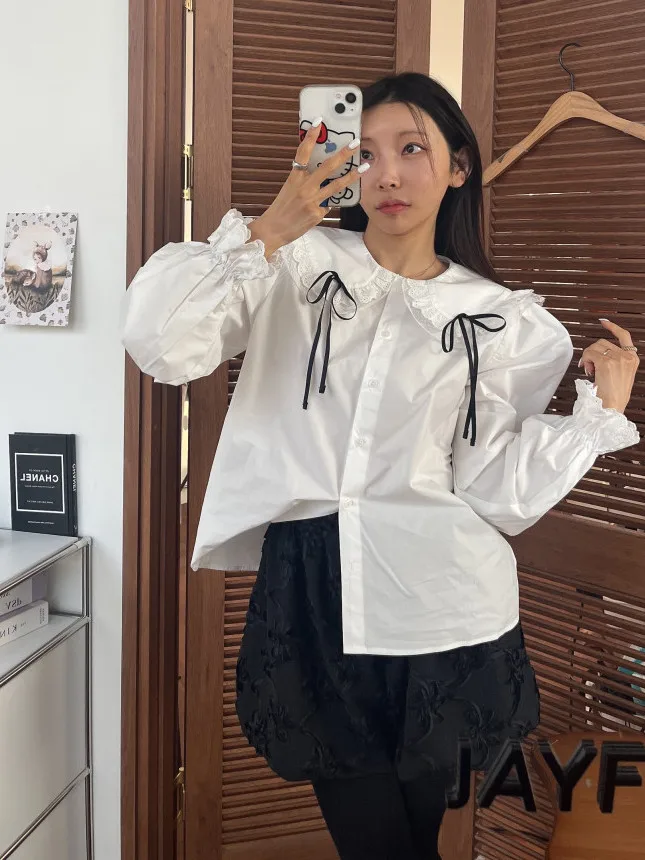 

Sweet Lace Trimmed Doll Collar Bubble Sve irt Women's Anti-Aging Versatile ort Top Casual Loose Fit Knot