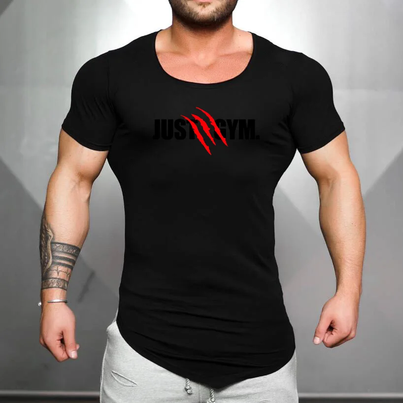 Men Casual Fitness Gym Bodybuilding Sport Running T-Shirt Summer Cotton Breathable Short Sleeve Shirt Fashion Irregular Hem Tops