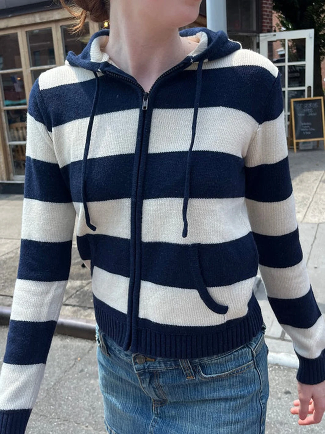 Navy Stripes Slim Sweater Cardigan Autumn Drawstring Hooded Long Sleeve Coat 2023 Y2k Vintage Casual Streetwear Cotton Sweaters