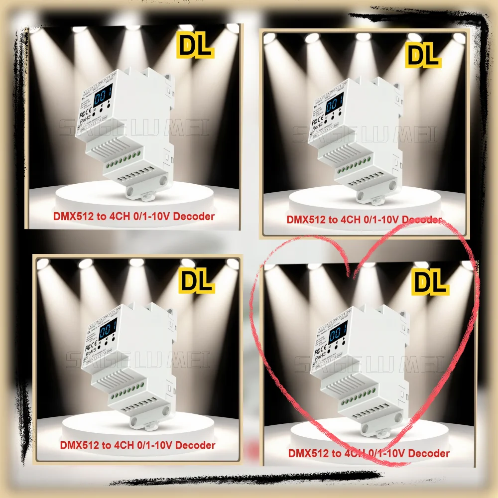 

4-канальный преобразователь сигнала DC12-24V DL DMX в 4-канальный 0/1-10V, декодер DMX512 с цифровым дисплеем для светодиодных лент RGB/RGBW