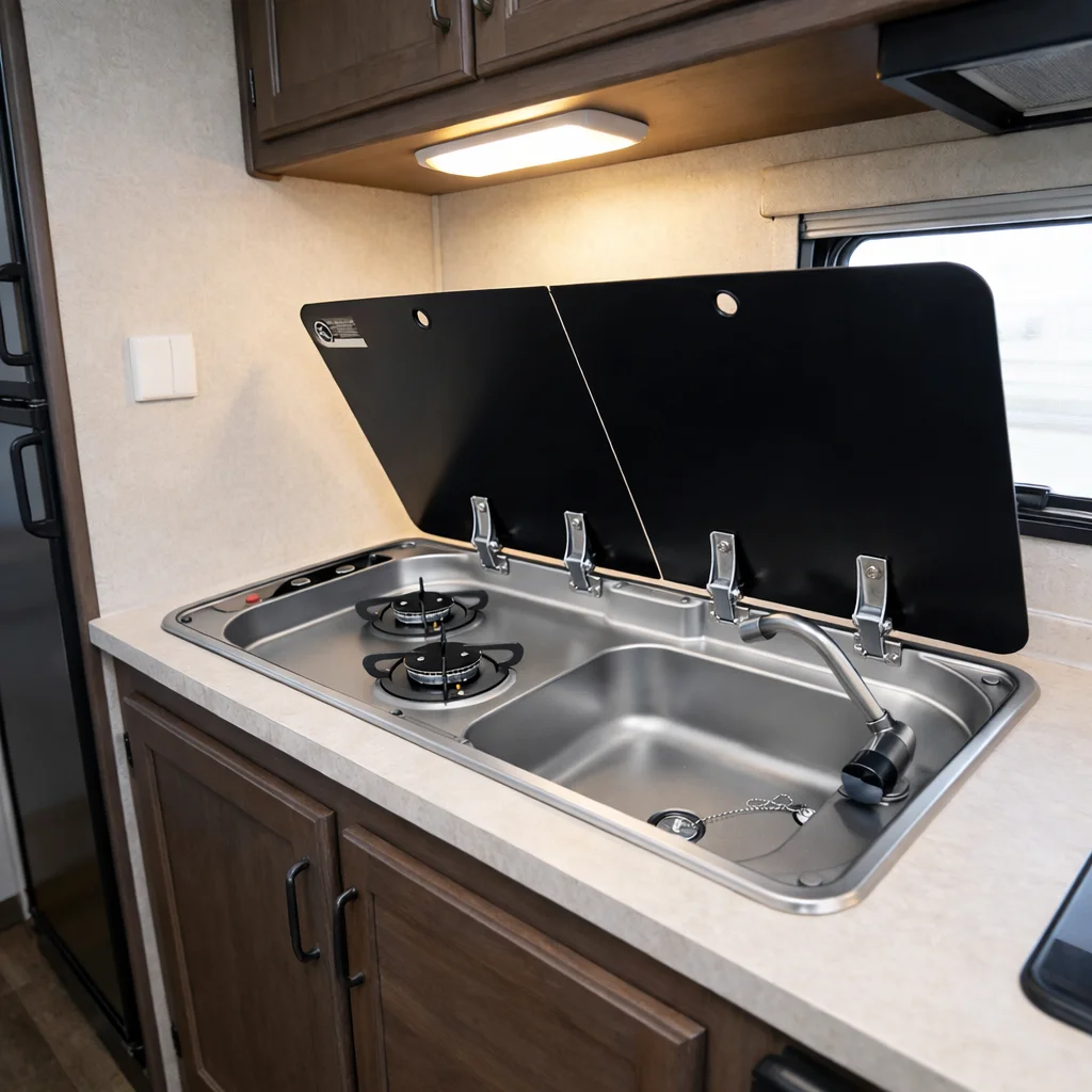 

RV Sink 304 Stainless Steel With Double Burner Gas Stove Glass Lid Camper Caravan Boat Kitchen Combo
