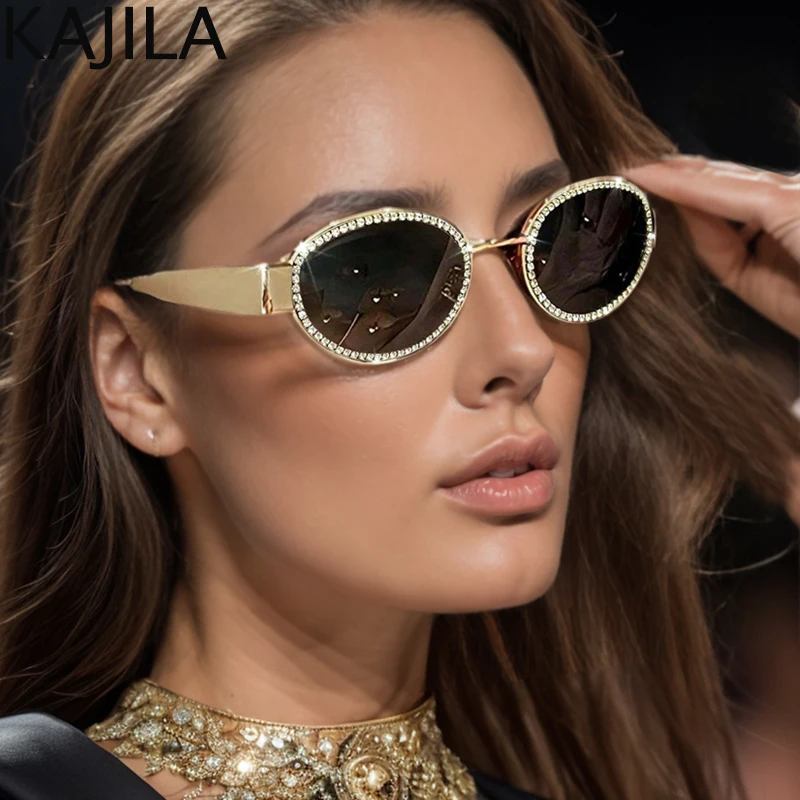 Gafas de sol ovaladas con diamantes de imitación para mujer, lentes de sol de Metal Vintage con montura pequeña, de diseñador de marca de lujo, 2024