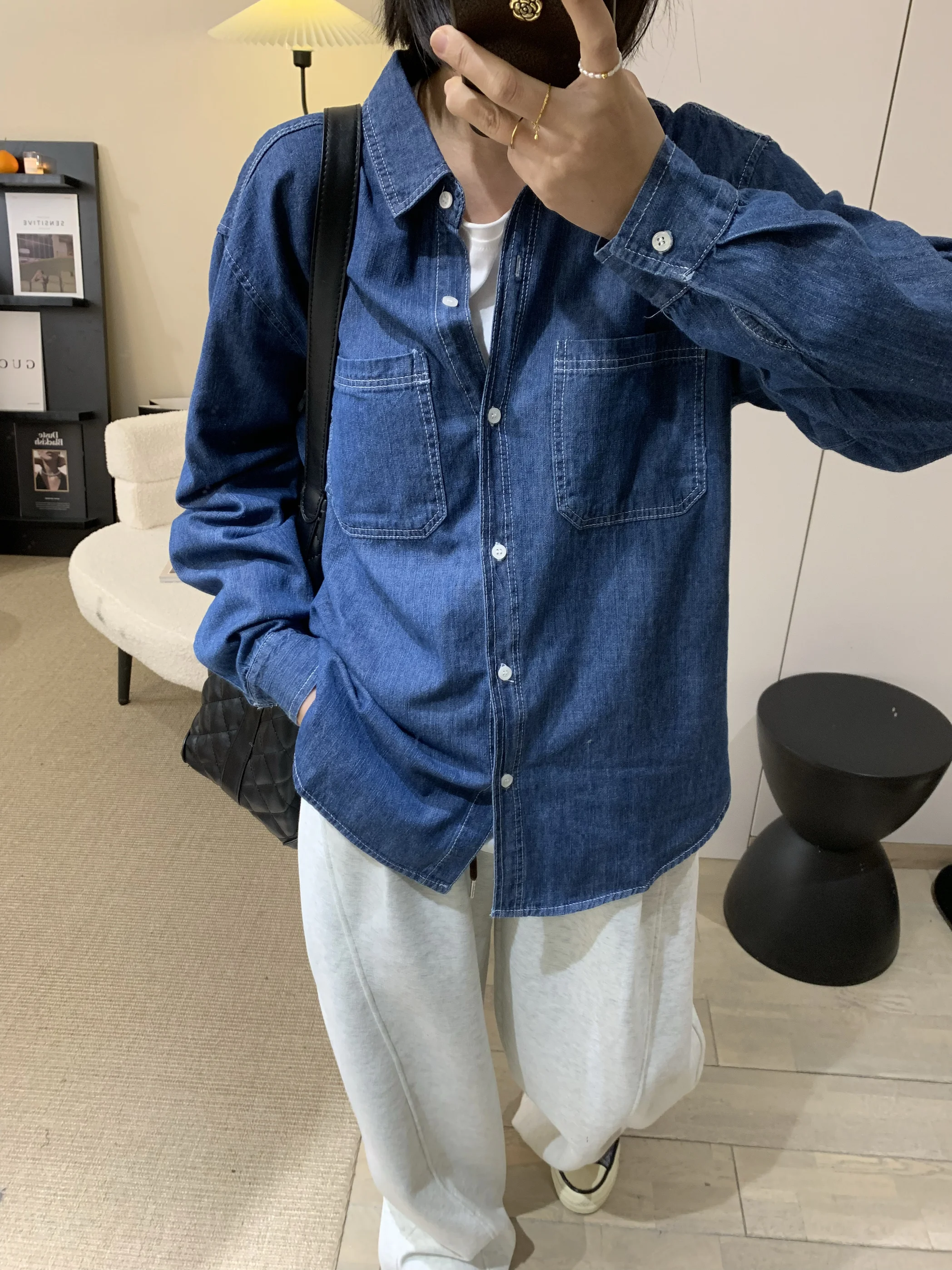 

Ретро-стиль, свободный крой, длинная синяя джинсовая рубашка для женщин, студенческий стиль, весенняя новинка, облегающая, из хлопка