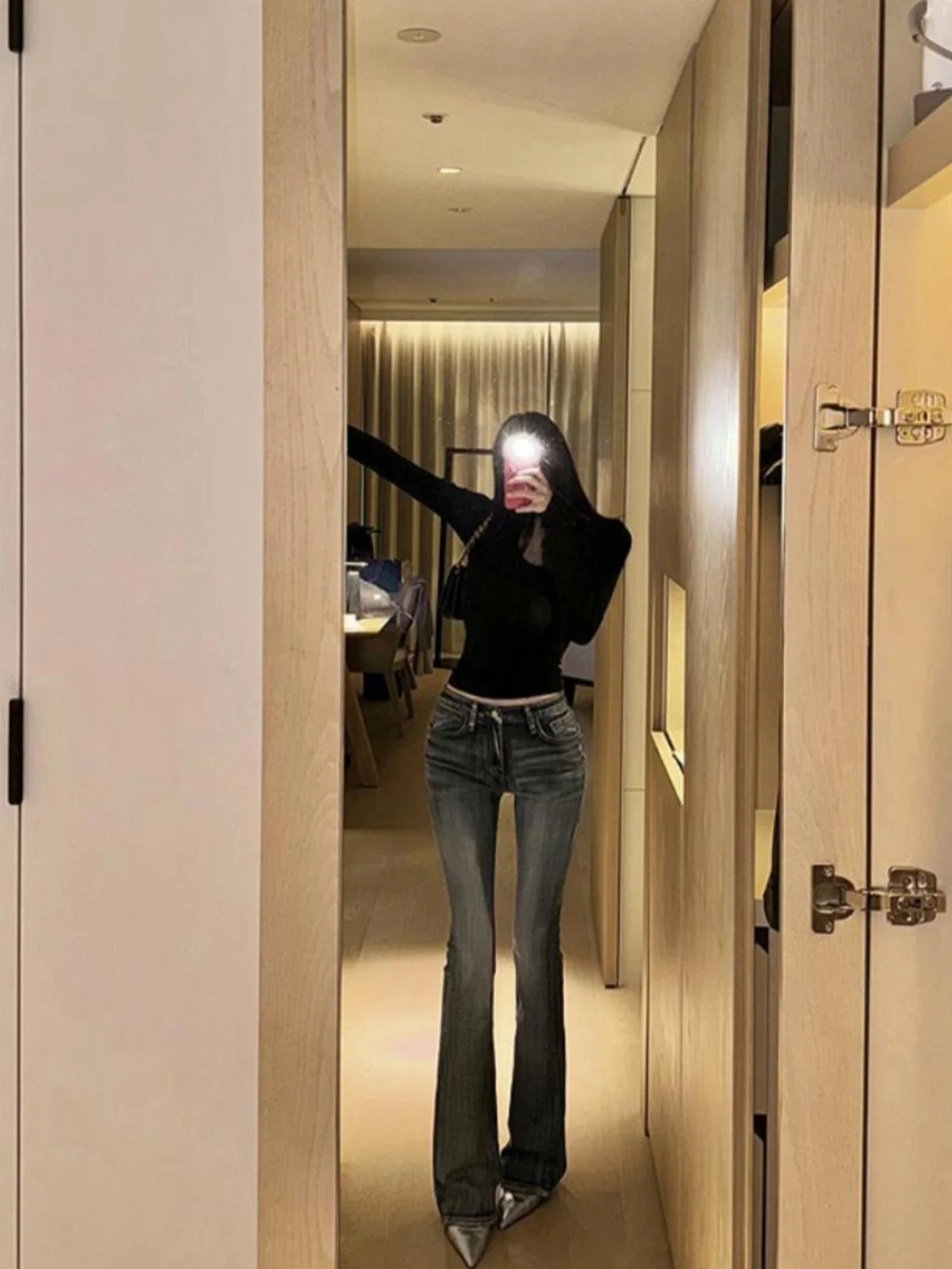 

Original Fit Jeans High Waist Long Pants Bell Bot Slimming Faionable Versatile Classic Blue Cotton Stretch Denim