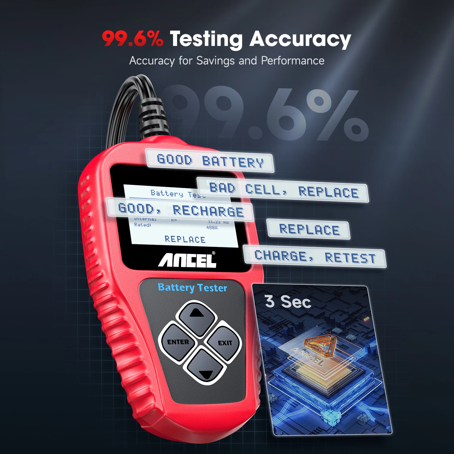 ANCEL BA101 12V Car Battery Tester 100-2000CCA 220AH Charger Battery System Test Car Charging Circuit load Diagnostic Tools