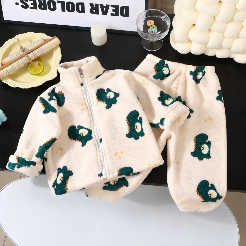 Warm Floral Print Flannel Pajamas Sets Leopard Print Zipper Coat+Pants Kids Pajamas Sets Casual Zipper Pajamas Sets Home Wear
