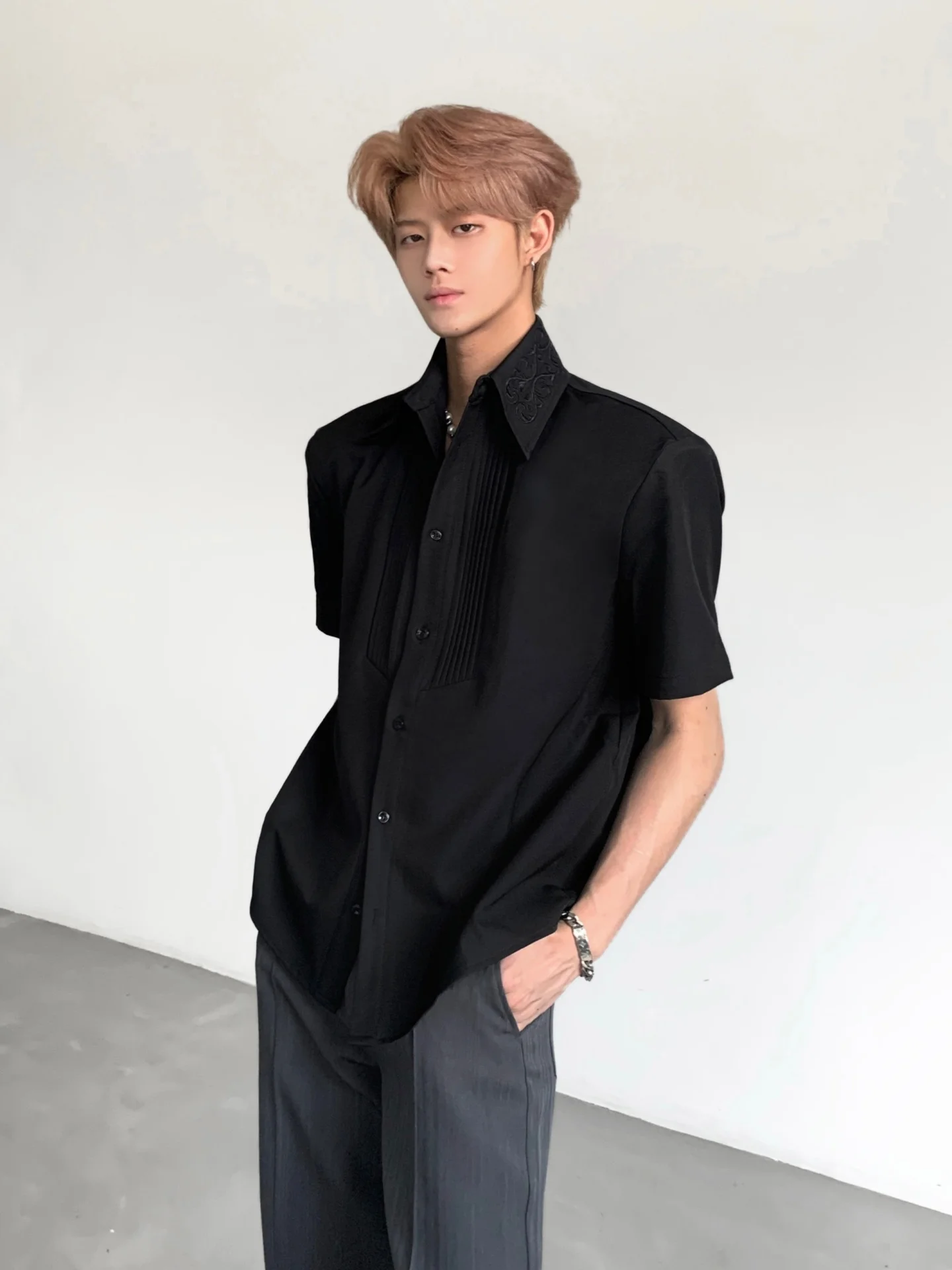 Ace Tailors Heavy Embroidery Short Sleeve Men's Shirt Fashionable Urban Style Polyester Lyocell Blend Summer Business Casual