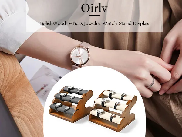 Oirlv Holz-Uhrenständer Mikrofaser-Ring-Armband-Aufbewahrungshalter Schmuck-Organizer-Ständer Beige/Grau für die Aufbewahrung zu Hause – Detail 1