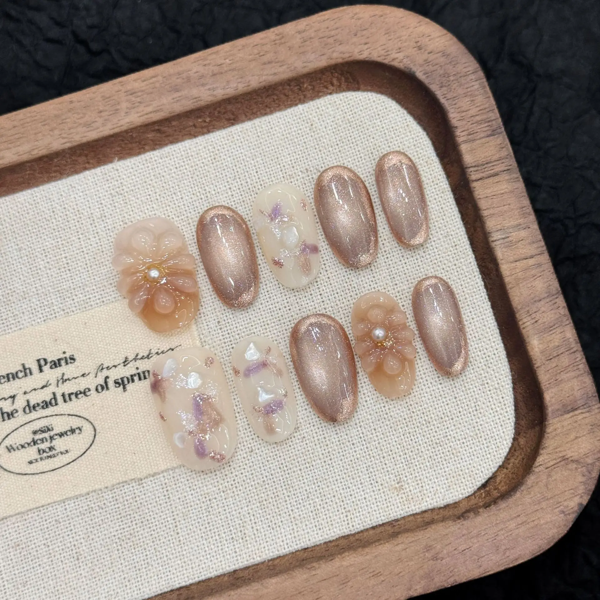 

10 шт., короткие овальные ногти ручной работы, блестящие кошачьи глаза, 3D цветочный дизайн, милые, милые, накладные ногти, носимые советы по дизайну ногтей для девочек