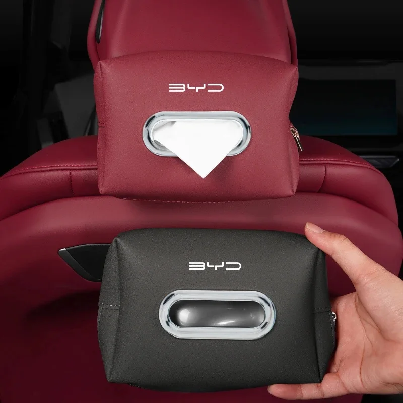 PU Leather Hanging Tissue Storage Box For BYD Atto3 Seal Han Tang Dolphin Song Yuan BYD Logo Car Seat Back Napkin Holder Interio