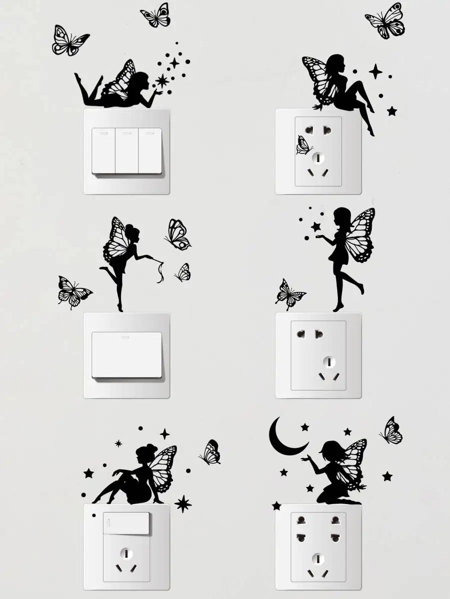 6pcs Fairy And Butterfly Silhouette Vinyl Wall Stickers For Light Switches And Outlets Home Spring Decor