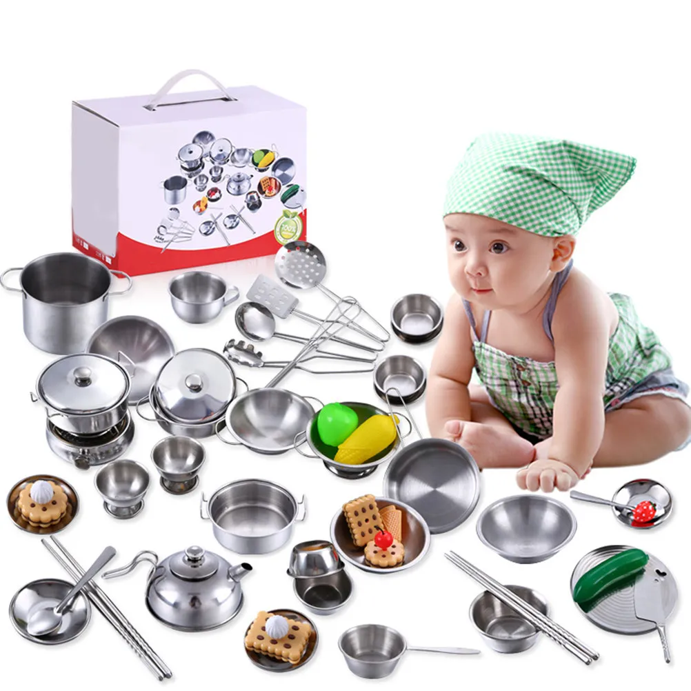 

1Set Stainless Steel Kitchen Playset Pretend Cookware Mini Cooking Utensils Educational Children Kitchen Set for Kids
