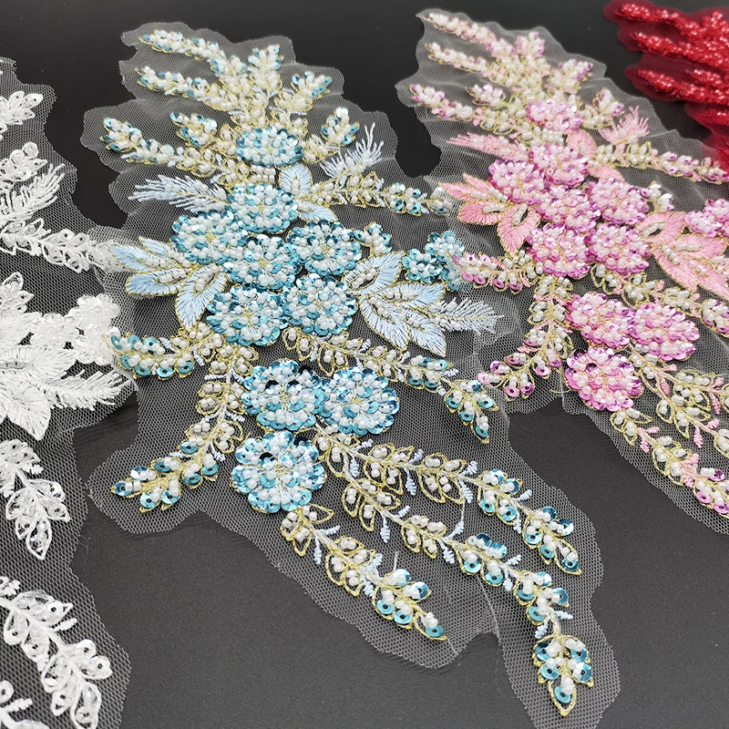 1Pc Beaded Flower Embroidery Fabric Patches Crystal Applique Scrapbooking Motif Badges for Clothes Sewing 36*18CM