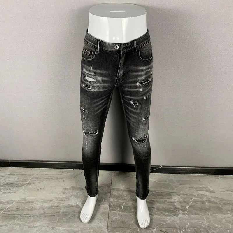 

Fashion Designer Men Jeans Retro Black Gray Stretch Slim Ripped Jeans Men Hole Trousers Streetwear Hip Hop Brand Pants Hombre