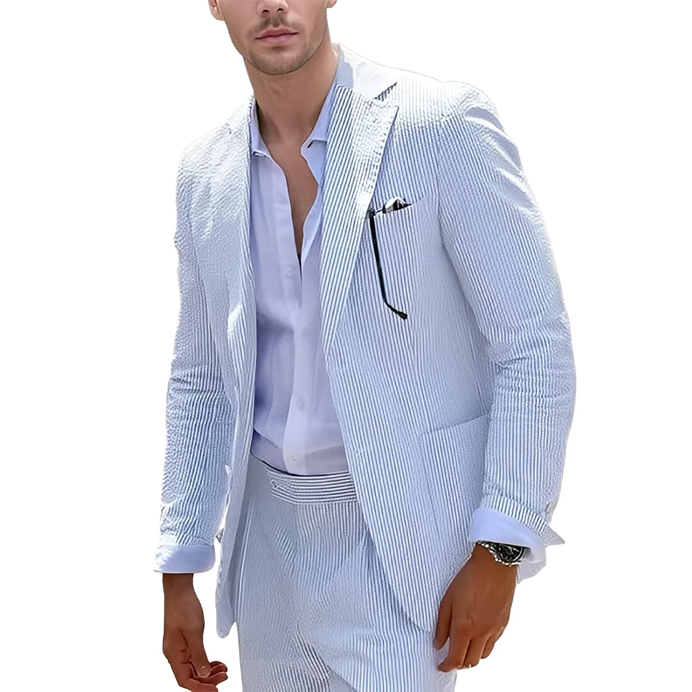 

Summer Men's Suit Breathable Seersucker Jacket and Pants 2-Piece Set Fashionable Wedding Tuxedo Groom