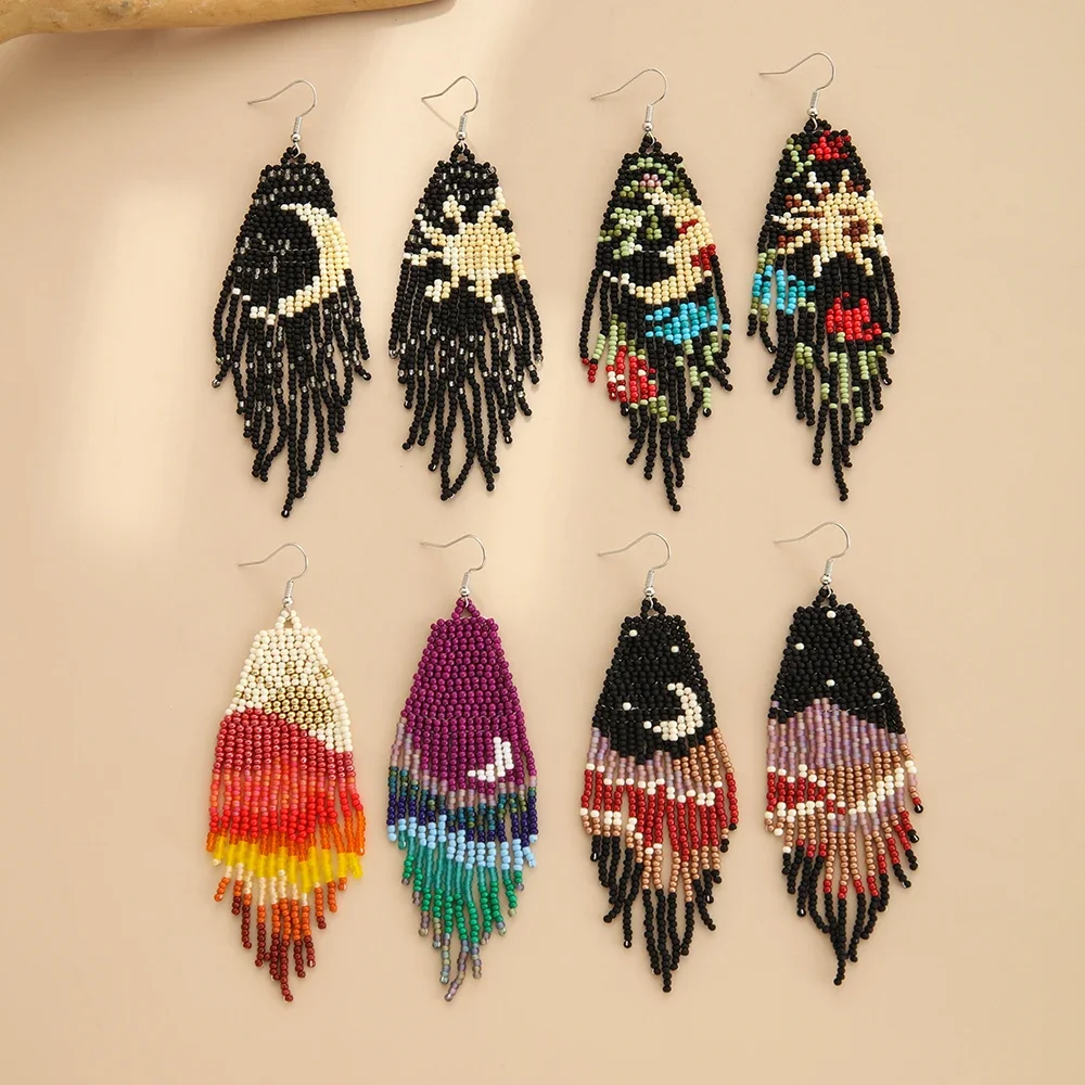 

2025 Handmade Bead Earring Tassel Astral Sun And Moon Symmetry Design View Hand Knitting Bohemia Beaded Earrings for Women