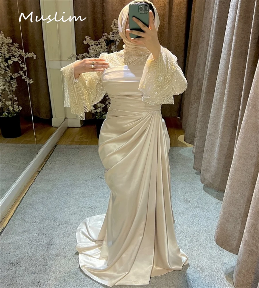 Arabia Muslimische Abendkleider, elegant, hell, Champagner, Meerjungfrau, Abaya, Abendkleid, lange Ärmel, Übergröße, Geburtstag, formell, individuell