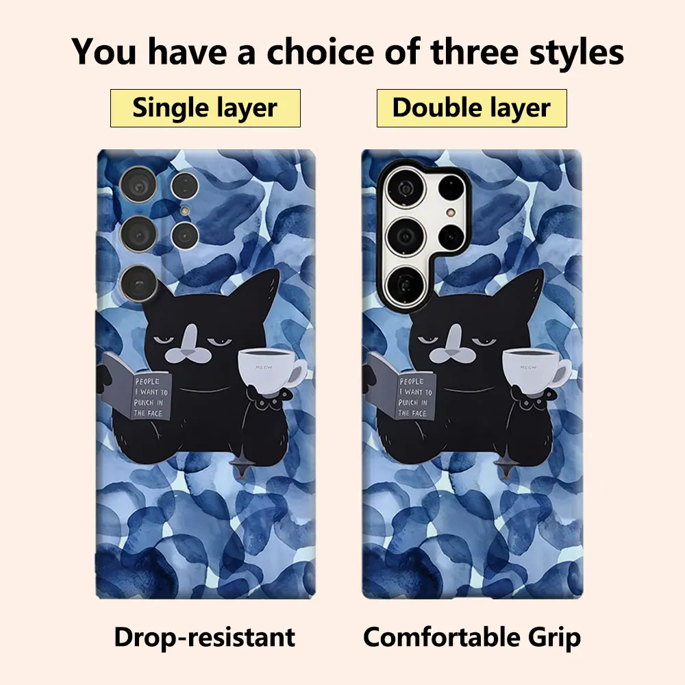 Grumpy Black Cat Phone Case for Samsung Galaxy S26 S25 Ultra S24 S23 Ultra Plus Shockproof Double layer tough Back Cover