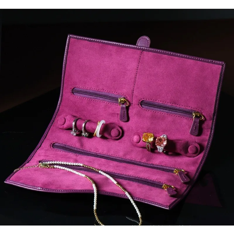 High fashion women's jewelry, play rings, earrings, trinkets, compartment travel essential folding leather storage bag